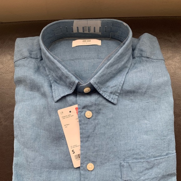 NWT Uniqlo premium French linen blue button down shirt full sleeves Mens S / M - Picture 5 of 7